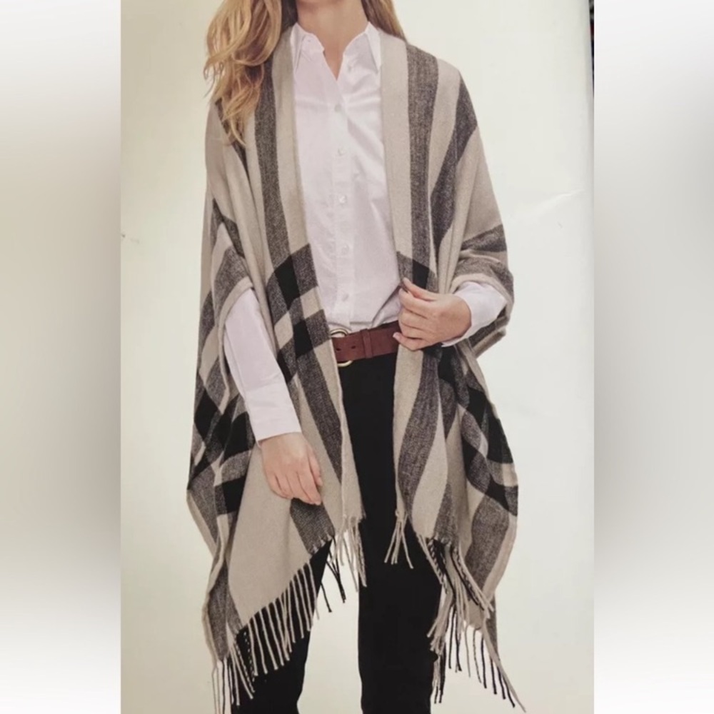 *Banana Republic Beige Erin Plaid Cashmere Wool Blend Soft Fringe Wrap Kimono#IR